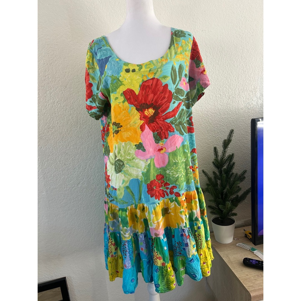 Vintage Jams World Tropical Floral Patchwork Tiered Midi Dress L 2000s Dopamine - Picture 8 of 13